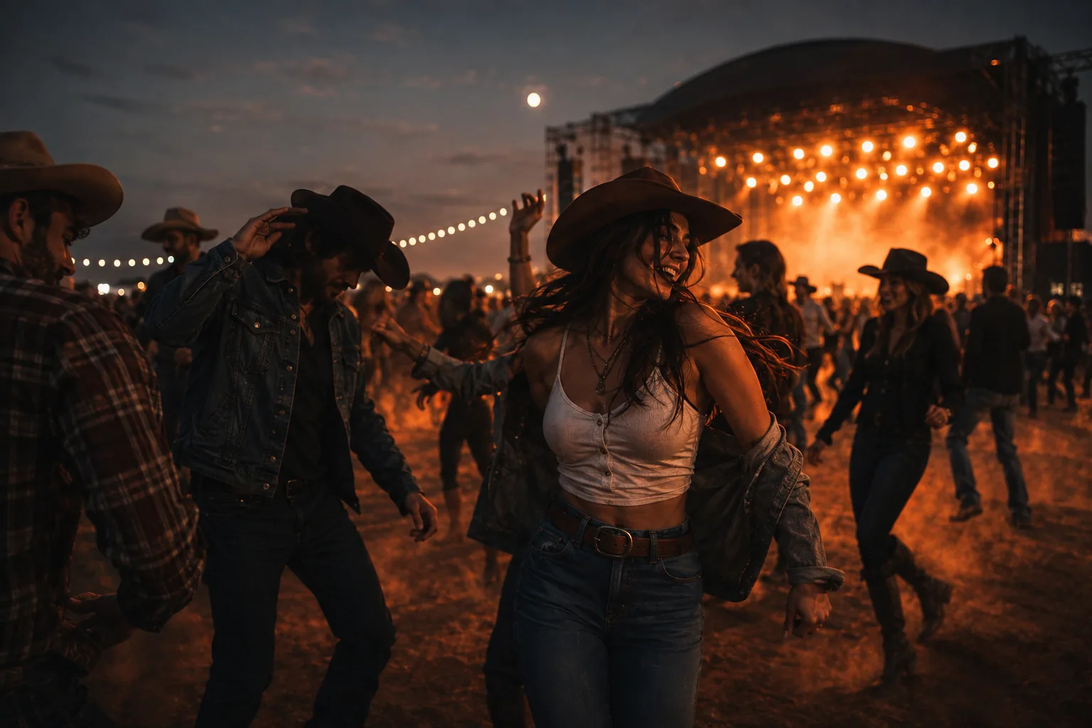 Freunde tanzen bei einem Open-Air-Konzert