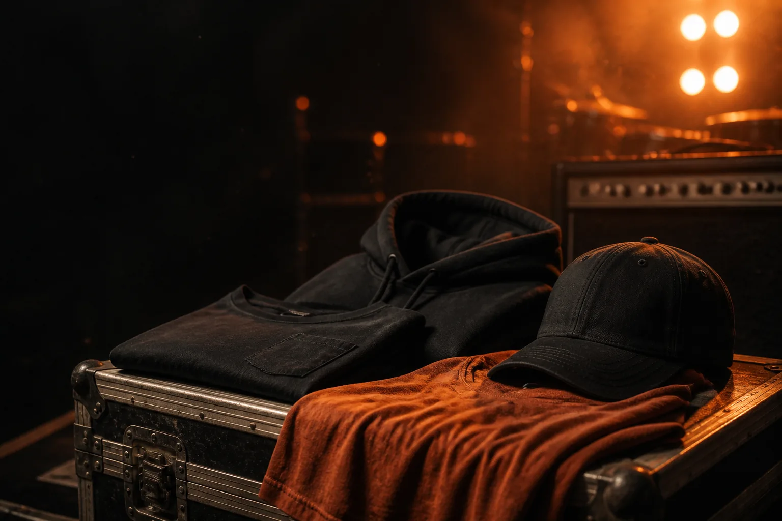 Festival-Kleidung auf einem Roadcase im Backstage-Bereich